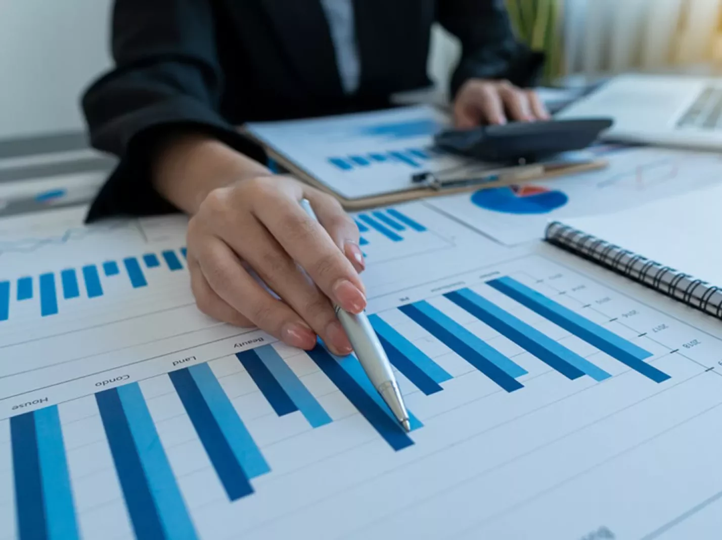 woman pointing to chart with a pen data analysis
