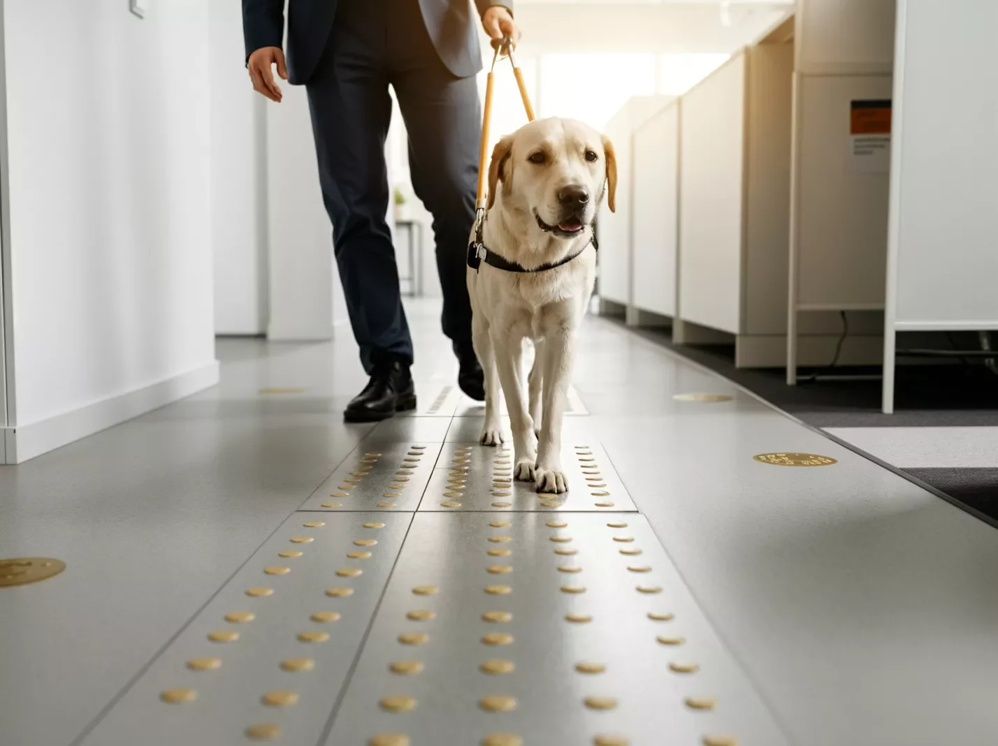 Assistance dog leading a man down a hallway